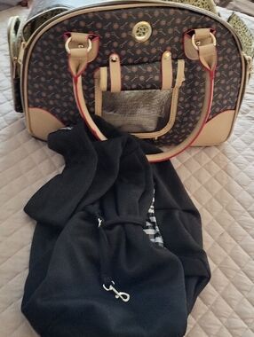 SMALL DOG Designer-Style Brown Monogram  CARRYING BAG AND  Satchel with Tan Trim